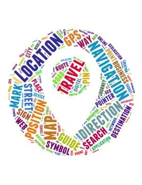 Location map shape for navigation and travel word cloud concept Foto stock