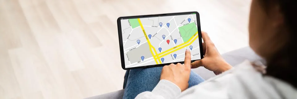 Location Map On Tablet Computer Stock Photos