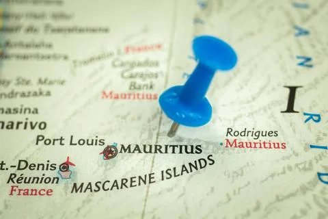 Location Mauritius islands, map with push pin close-up, travel and journey co Stock Photos