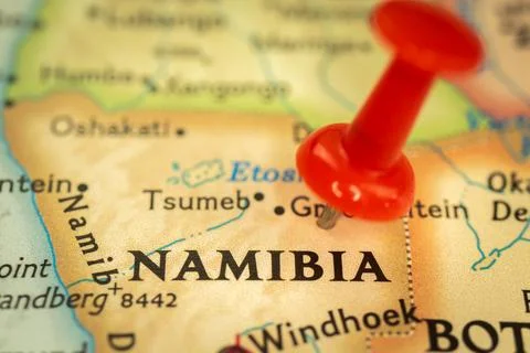 Location Namibia, map with push pin close-up, travel and journey concept with Stock Photos