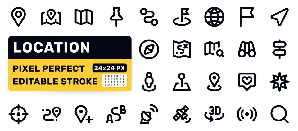 Location, Navigation line icon set. Map, GPS pin, route, compass, satellite Stock Illustration