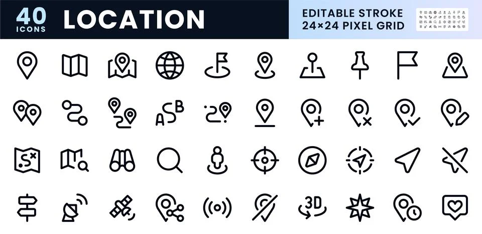 Location Navigation line icon set. Map GPS pin, route, compass, satellite, trip Stock Illustration