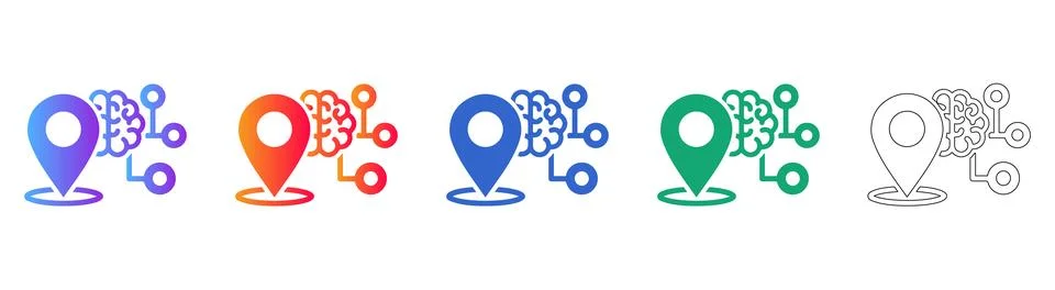 Location Pin and Brain Network Icon Set Stock Illustration