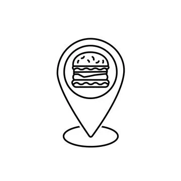 Location pin and burger thin line icon. Burger shop or cafe location concep.. Stock Illustration