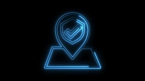 Location pin with checkmark neon glow symbol for verified places and security Stock Footage 322973138