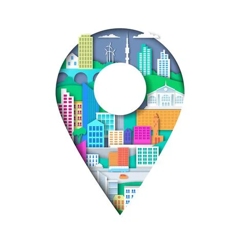 Location pin with city elements. Vector illustration in paper art style. Map 스톡 일러스트