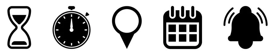 Location pin, date time, calendar clock and notification bell icons set. イラスト素材