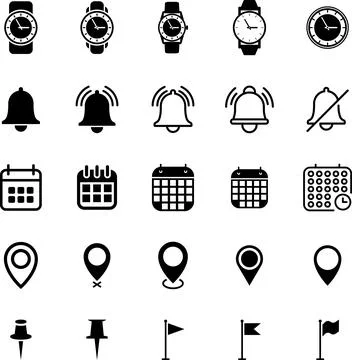 Location pin, date time, calendar clock and notification bell icons set. Stock Illustration