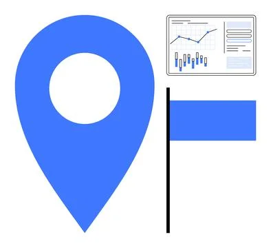 Location pin, flag, and data chart with line and bar graphs. Ideal for naviga Stock Illustration