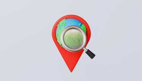 Location pin with globe and magnifying glass, navigation and geolocation Stock Illustration