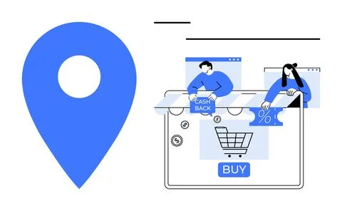 Location pin next to a tablet screen showing a shopping cart, buy button, cus Stock Illustration