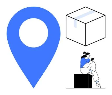 Location pin, package box, and woman using tablet while sitting on a box. Ide イラスト素材