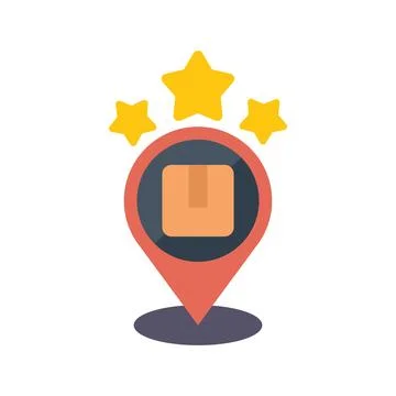 Location pin pointing five star delivery service with cardboard box Stock Illustration