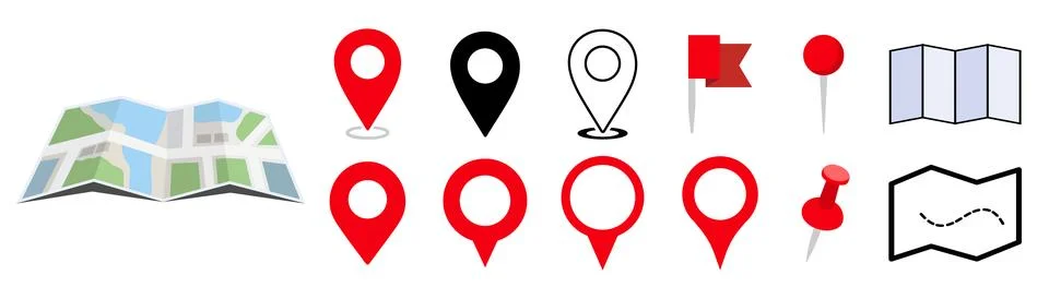 Location Pin Vector, GPS, Map Position Marker, Flat design and Outline elemen Stock Illustration