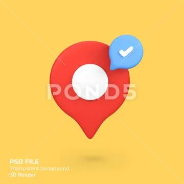 Location of pin with verification mark isolated 3d render icon illustration PSD Template