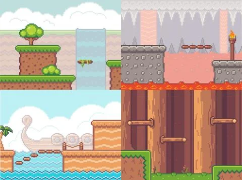 Location, pixel game interface, design of adventure world, game design, elements Stock Illustration