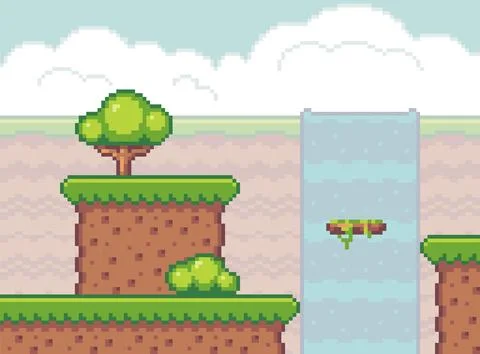 Location of pixel game, waterfall, green hills with grass, abyss, platform Stock Illustration