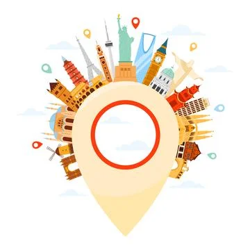 Location point with modern and old buildings, famous landmarks of travel around 스톡 일러스트