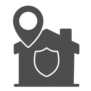 Location pointer and building with protect emblem solid icon, smart home symbol Ilustración de archivo