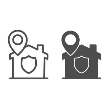Location pointer and building with protect emblem line and solid icon, smart Ilustración de archivo