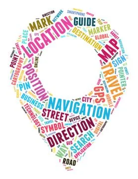 Location pointer shape word cloud concept Stock Photos