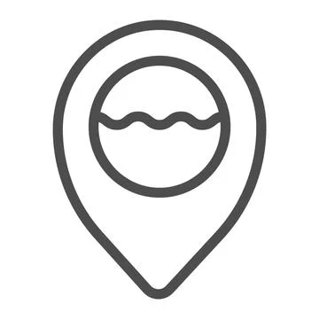 Location pointer with water waves line icon, waterpark concept, sea waves and Illustrazione stock