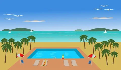 The location of the pool has coconut trees around. The sea and the blue sky a Stock Illustration