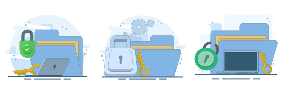 Location privacy concept set showing an oversized map with lock and key Stock Illustration