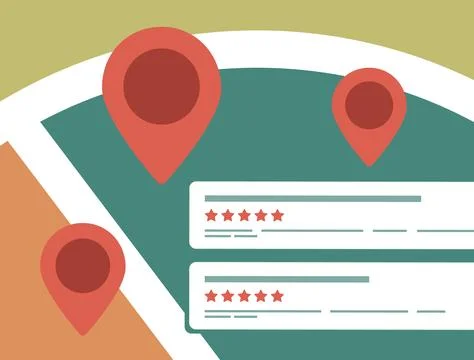 Location rating system with red map pins and five star reviews. Abstract Stock Illustration