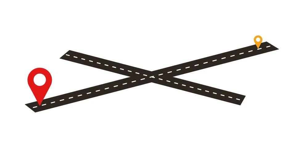 Location Route with Crossroad Intersection Solid 3D Color Variant and Pin Icons Stock Illustration