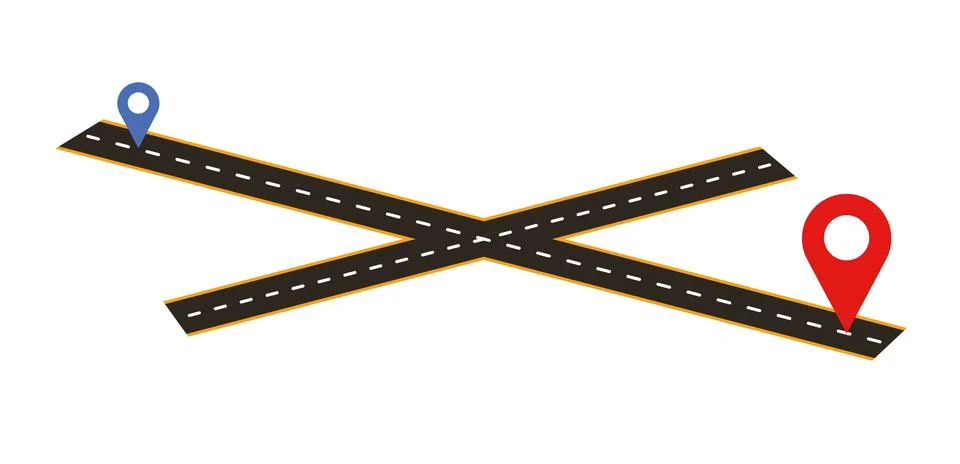 Location Route with Crossroad Intersection Solid 3D and Pin Icons Stock Illustration