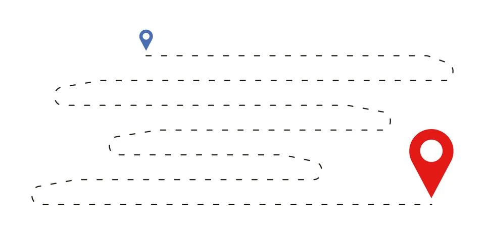 Location Route with Horizontal Serpentine Dashed Path and Blue Red Pin Icons Illustration
