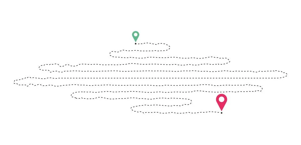 Location Route with Horizontal Serpentine Multi Loop Dashed Path and Green Pink Ilustración de archivo
