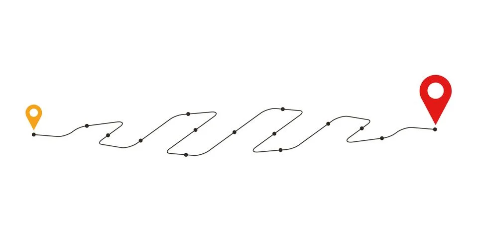 Location Route with Horizontal Zigzag Wave Dotted Path and Orange Red Pin Icons Stock Illustration