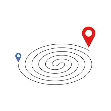 Location Route with Spiral Solid Outline and Blue Red Pin Icons Stock Illustration