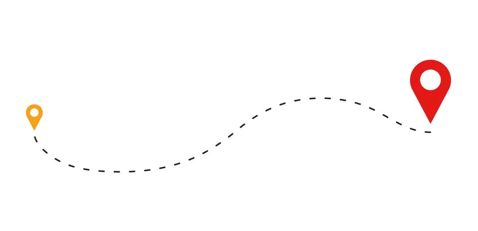 Location Route with Wavy Dashed Line and Orange Red Pin Icons Stock Illustration