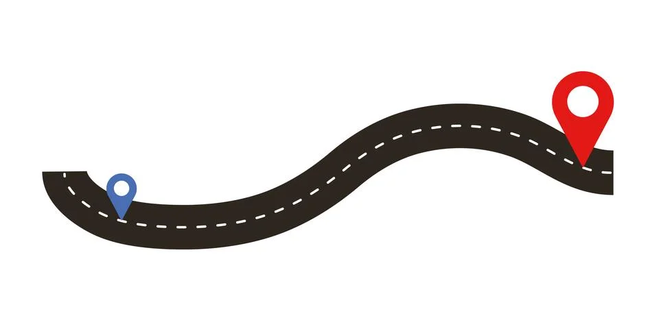 Location Route with Wavy Solid 3D Road and Blue Red Pin Icons Stock Illustration