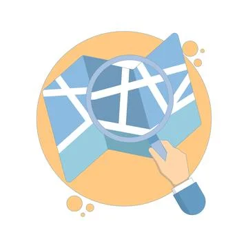 Location Search Concept. Map with Hand and Magnifying Glass. Illustrazione stock