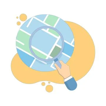 Location Search Concept. Map with Hand and Magnifying Glass. GPS Navigation. Stock Illustration
