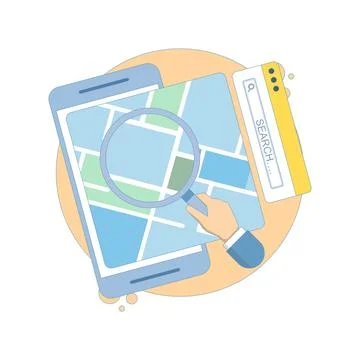 Location Search Concept. Map with Hand and Magnifying Glass. GPS Navigation. Stock Illustration