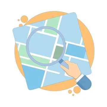 Location Search Concept. Map with Hand and Magnifying Glass. GPS Navigation. Stock Illustration