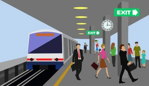 Location of the sky train station With many people walking blue  sky backgrou Stock Illustration