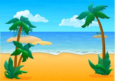 Location summer beach and 3 palm trees Stock Illustration