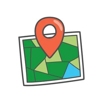 Location symbol and map with red pin icon illustration. Icon location on white b Ilustração Stock