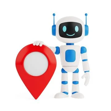 Location Technology Concept. Cute AI Robot Holding Red Map Pin. 3d Rendering Illustrazione stock