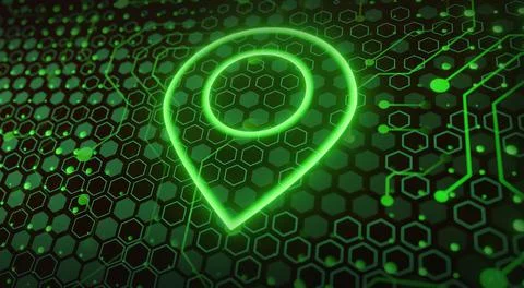 Location Technology Concept with map pin symbol on a Microchip. Data flows fr Stock Illustration