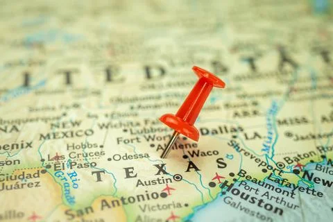 Location Texas state, map with red push pin pointing close-up, USA, United St Stock Photos