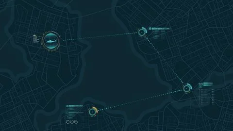 Location tracker dashboard with data of arrive time copter. City street road Stock Illustration