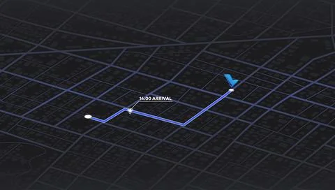 Location tracker dashboard with data of arrive time. City street road with pins Stock Illustration