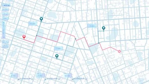 Location tracker dashboard with data of arrive time on city map. Search map Stock Illustration